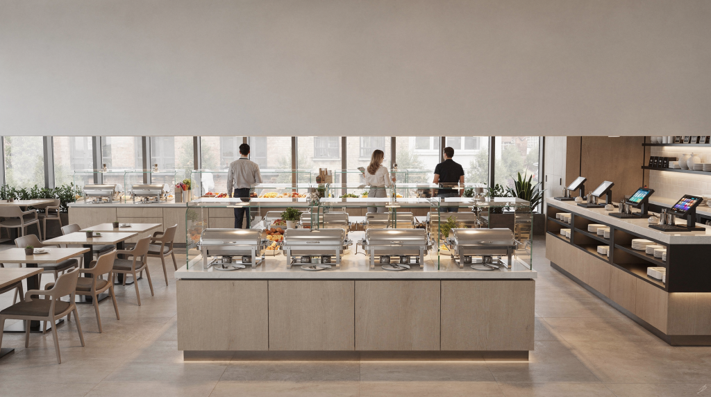 Планировка зоны Buffet: расстановка столов, линий раздачи и касс